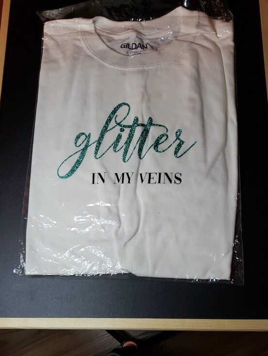 Gildan Tops - Gildan White Tee with Teal Glitter Script "Glitter In My Veins"